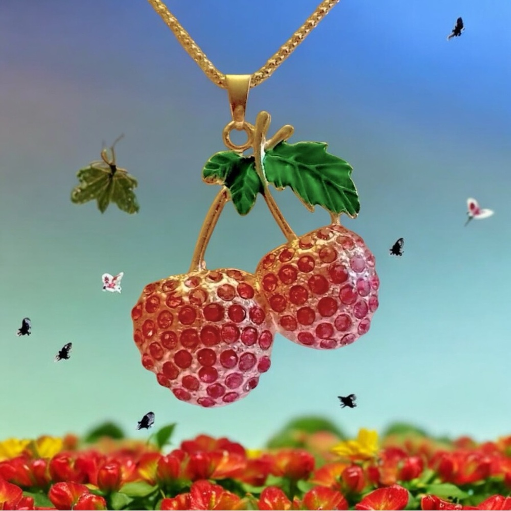 Cherries Crystal Red & Green Fruit Pendant Gold Necklace Chain - Picture 3 of 7